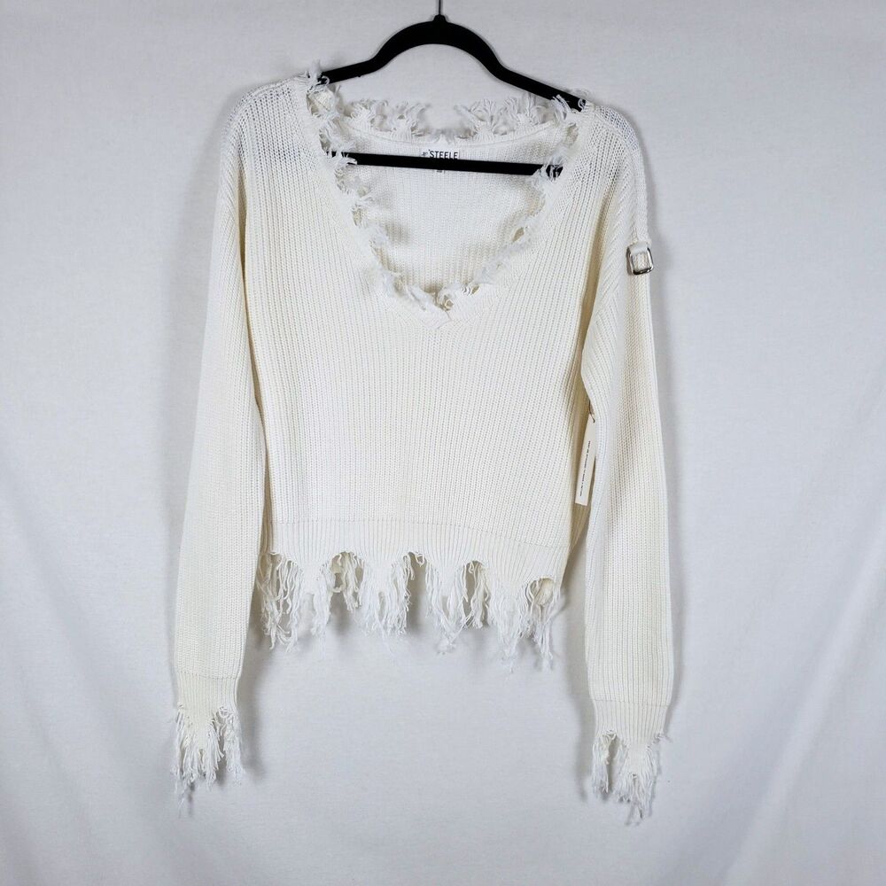 Steele Boho Festival Distressed Fringe Sweater Womens XS Buckle Cropped White